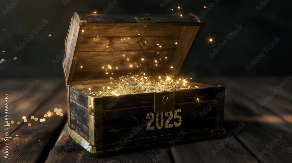 Magic open chest with numbers 2025. Happy New Year greeting card. New Year concept Magic open chest with numbers 2025. Happy New Year greeting card. New Year concept