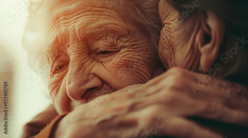 Close-up shot of an elderly person receiving a comforting hug from a caregiver, symbolizing empathy and support in healthcare © Seksan