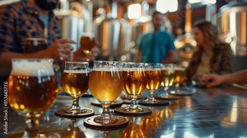 A craft beer tasting in a brewery, with patrons sampling small batches of different brews, discussing flavor profiles and brewing techniques.