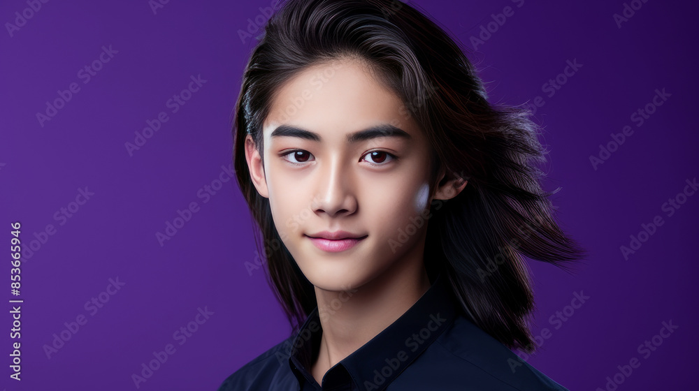 Portrait of a cute handsome happy Asian teenager guy with long hair and perfect skin, purple background, banner. Portrait of a cute handsome happy Asian teenager guy with long hair and perfect skin, purple background, banner.