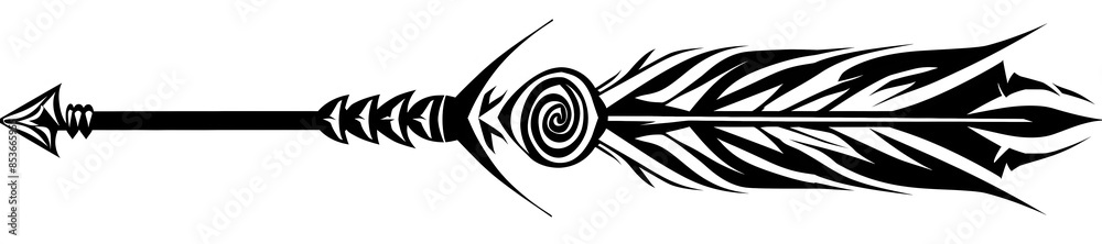 Minimalist Black Tribal Arrow with Spiral on White Background Minimalist Black Tribal Arrow with Spiral on White Background