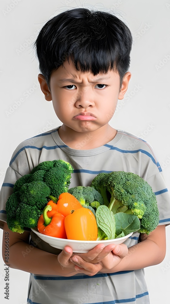 emotional Unhappy asian boy doesn't want eat healthy vegetables