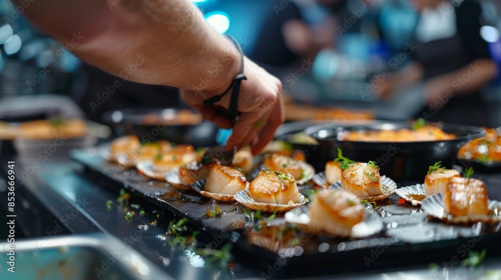 A seafood chef at a live cooking station, preparing scallops with precision and flair, drawing an audience at a gourmet food event. A seafood chef at a live cooking station, preparing scallops with precision and flair, drawing an audience at a gourmet food event.