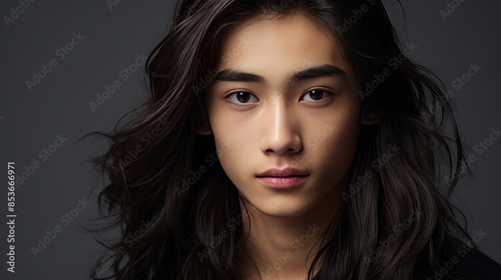 Portrait of a cute handsome happy Asian teenager guy with long hair and perfect skin, gray background, banner. Portrait of a cute handsome happy Asian teenager guy with long hair and perfect skin, gray background, banner.
