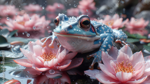 Ein blauweiß gefärbter Frosch sitzt auf rosa Seerosen, die im Wasser schwimmen photo