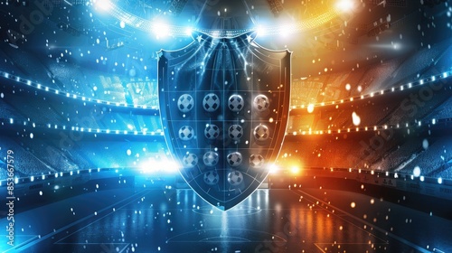 Digital Shield with Balls in Futuristic Stadium