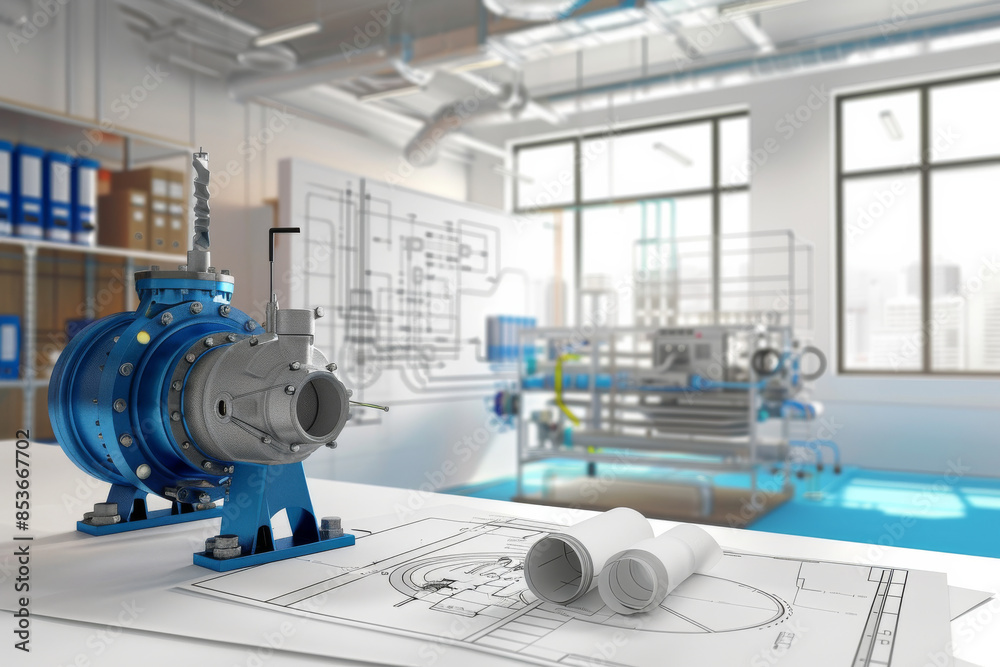 A modern, sleek industrial design room with detailed engineering ...