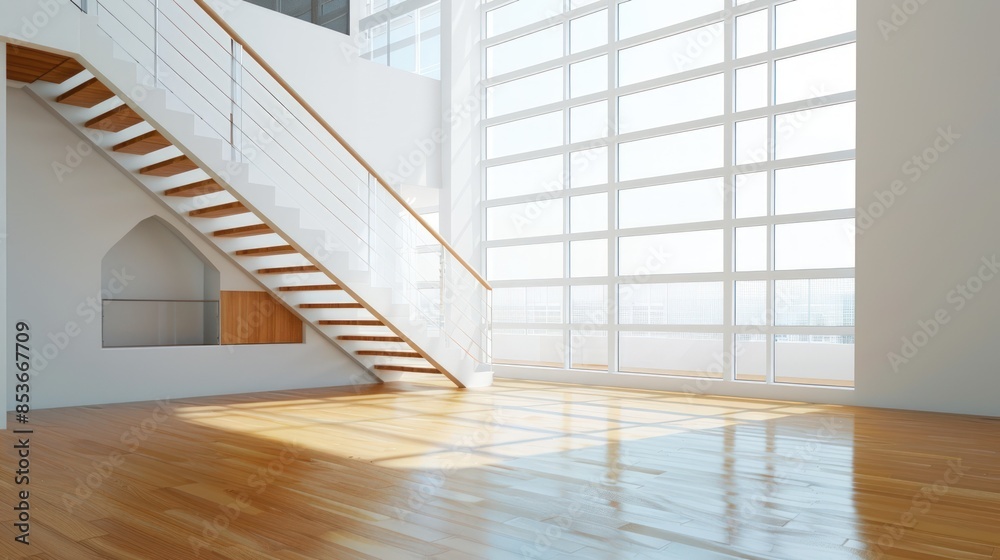 Obraz premium Modern Interior Design with Staircase and Large Window