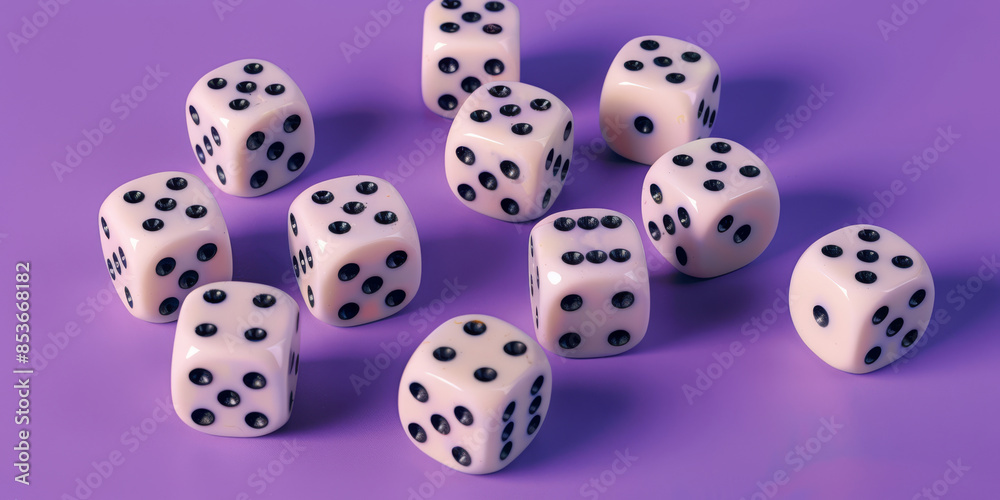 A bunch of dice are laying on a purple background A bunch of dice are laying on a purple background
