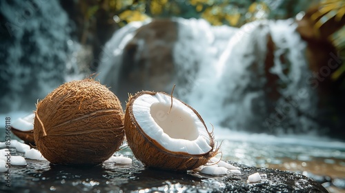 Fresh Coconut Halves by Tranquil Tropical Waterfall Scene photo