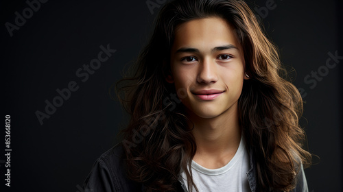 Portrait of a cute handsome happy Asian teenager guy with long hair and perfect skin, silver background, banner.