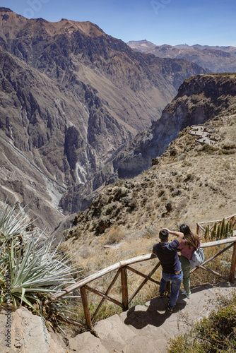 Colca Canyon, Peru - Dec 7, 2023: Panoramic views of the Colca Canyon from Mirador Cruz del Condor viewpoint