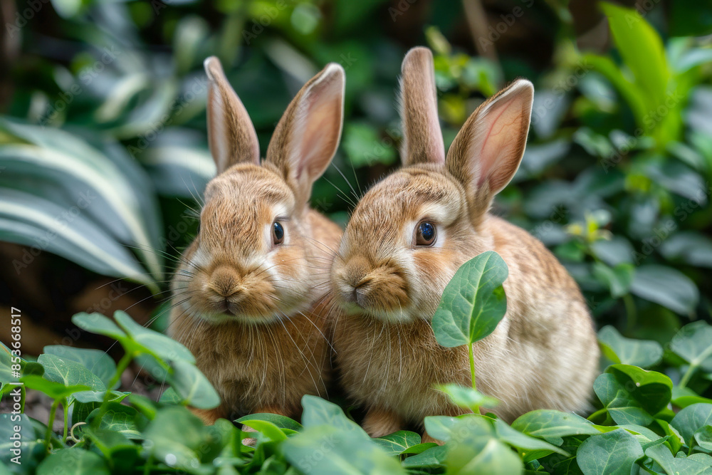 Fototapeta premium Two baby rabbits are sitting in the grass, looking at the camera
