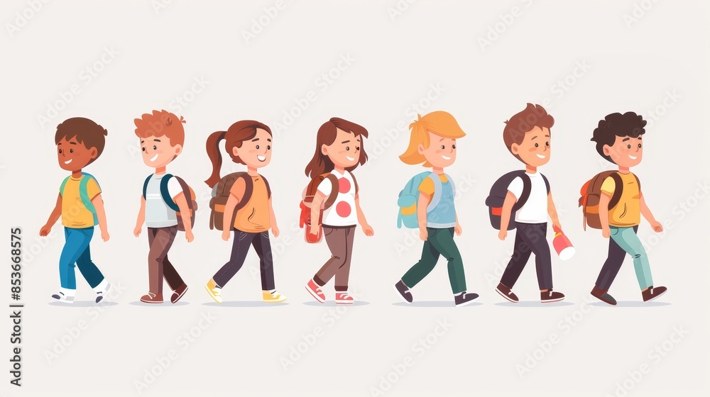 Happy cartoon character walking to school minimalistic vector on white background Happy cartoon character walking to school minimalistic vector on white background