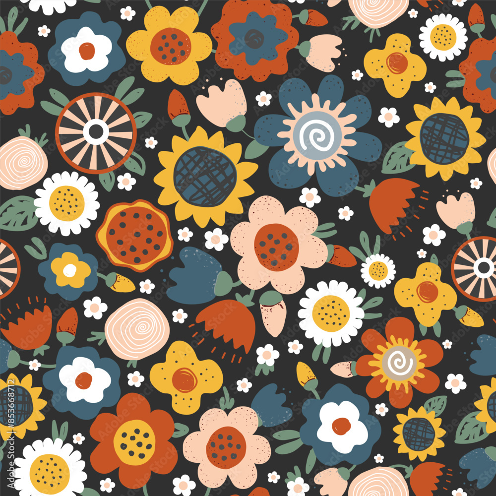 Fototapeta premium Abstract seamless pattern with cute hand drawn meadow flowers. Fashion stylish natural background. Hand drawn Scandinavian design for fabric, print, cover, banner, wrapping, wallpaper
