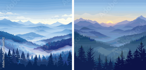 Forest horizon cartoon vector scene. Fog trees spruce thicket mountains sky haze dense thickets wilderness color concepts