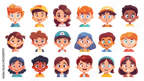 Funny kids heads cartoon vector set. Girls boys avatars smiley faces big eyes children happy positive cute characters illustrations isolated on white background