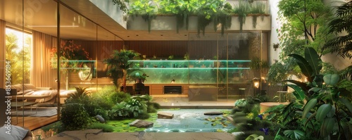 Modern indoor garden with lush greenery and stone path leading to a wide window bringing in natural light, perfect for relaxation and reflection.