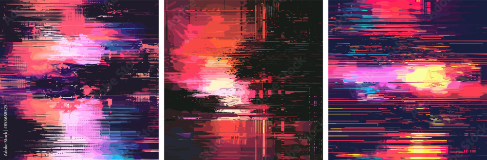 Glitch artifacts cartoon vector posters. Textures pixel stripe decay ...