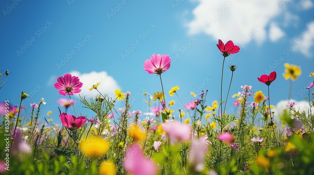 Vibrant Field of Wildflowers Under a Clear Blue Sky with Fluffy Clouds Vibrant Field of Wildflowers Under a Clear Blue Sky with Fluffy Clouds