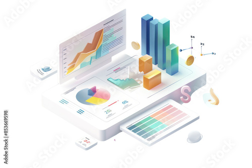 Data analytics dashboard with charts and graphs showcasing financial statistics, business growth, and performance metrics on various devices.