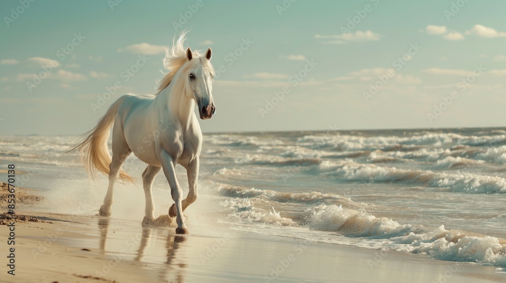 white horse gallops along the shore on sandy beach. Background with copy space. Freedom and the wild spirit of nature, horse running on beach white horse gallops along the shore on sandy beach. Background with copy space. Freedom and the wild spirit of nature, horse running on beach