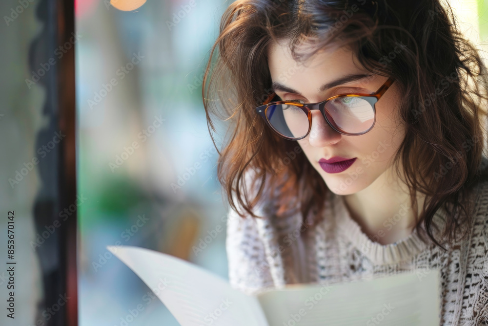 A young woman with glasses deeply immersed in reading a book by a window, exuding a sense of calm and concentration in a cozy atmosphere. A young woman with glasses deeply immersed in reading a book by a window, exuding a sense of calm and concentration in a cozy atmosphere.