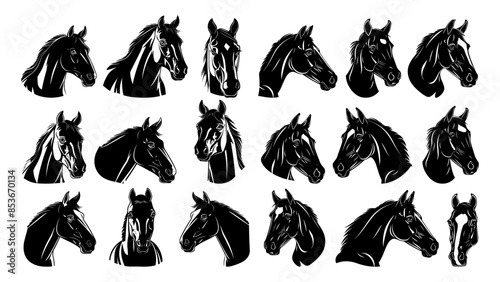 Horse avatars ink silhouettes vector set. Head artiodactyla human friend mane companion riding strong assistant ally animal icons isolated on white background