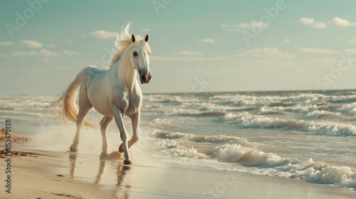 white horse gallops along the shore on sandy beach. Background with copy space. Freedom and the wild spirit of nature, horse running on beach