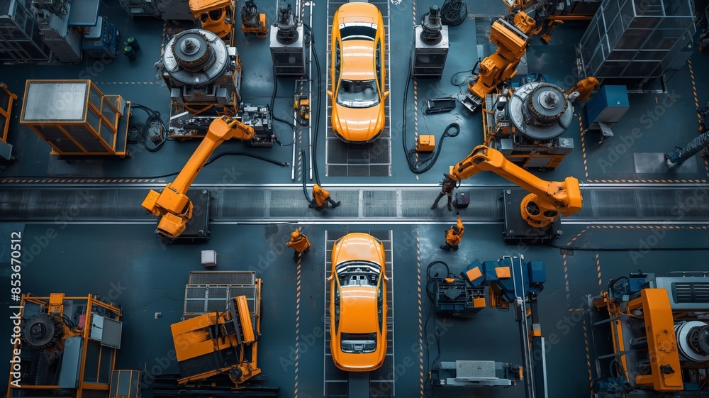 Automated Car Production Line with Yellow Robots and Cars Automated Car Production Line with Yellow Robots and Cars