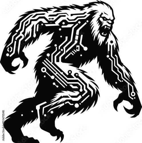 yeti silhouete with cyberpunk pattern illustration