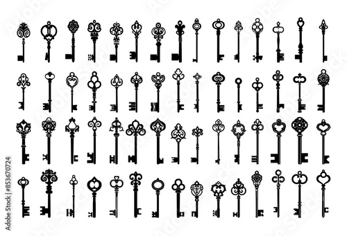 Keys black silhouettes vector set. Metal monogram lock release rod retro lace vintage fixture icons isolated on white background