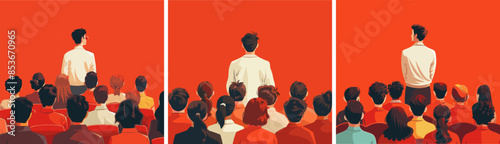 Leader following cartoon vector concepts. Back view men woman standing crowd group together unity characters header leading colored scenes