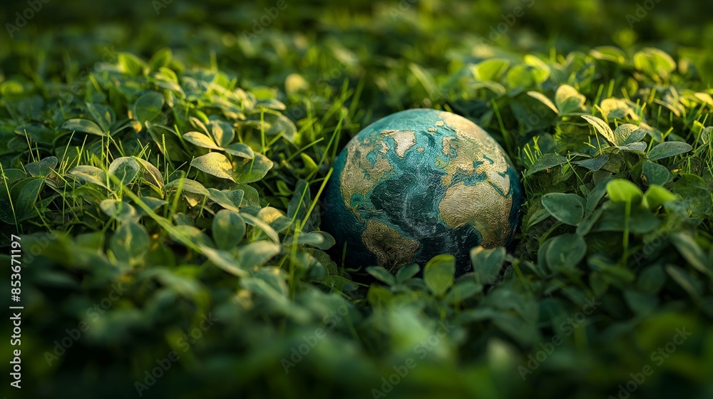 Earth Globe Nestled in Lush Green Grass with Warm Natural Light Earth Globe Nestled in Lush Green Grass with Warm Natural Light