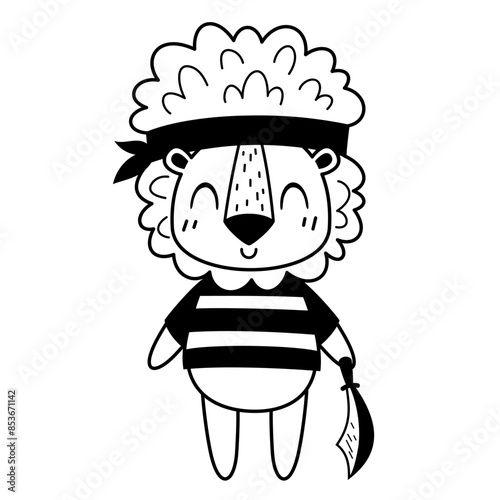 Black and white pirate animal clipart. Lion clipart. Pirate lion in cartoon flat style. Hand drawn vector illustration.