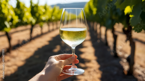 Sunlit Vineyard Scene: Photograph a glass of chilled white wine held up against a sunlit vineyard.