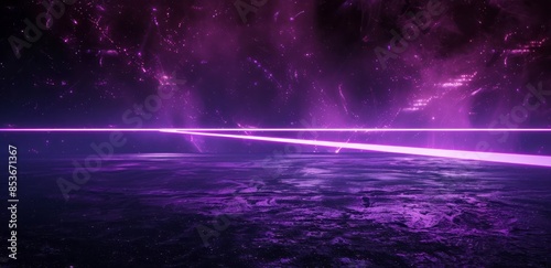 Purple laser beams on dark background, glowing light lines in perspective