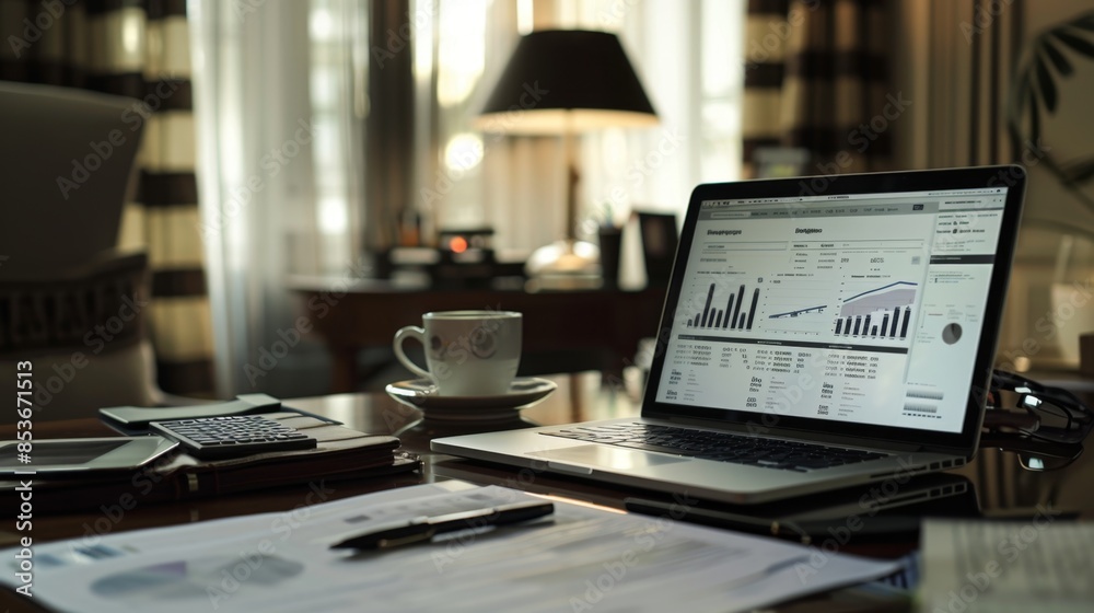 Financial Planning and Debt Reduction Progress Concept with Laptop, Graph, and Documents on Desk Financial Planning and Debt Reduction Progress Concept with Laptop, Graph, and Documents on Desk