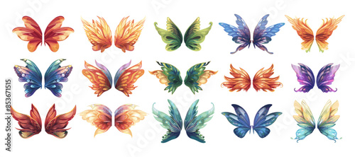 Magic butterfly wings cartoon vector set. Fairy dryad fluttering nymph elf flying fairytale whimsical creatures elements isolated on white background