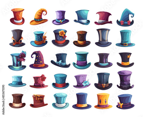 Magic hats cartoon vector set. Gentleman top cap trickster hood headdress clothing item accessory, illustration isolated on white background