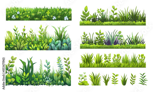 Meadows cartoon vector set. Green lawns lush grass shoots stems leaves pasture border horizontal vegetation isolated color concepts