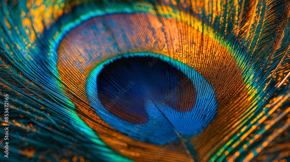 Fototapeta premium Vibrant Close-Up of a Colorful Peacock Feather Showcasing Iridescent Patterns