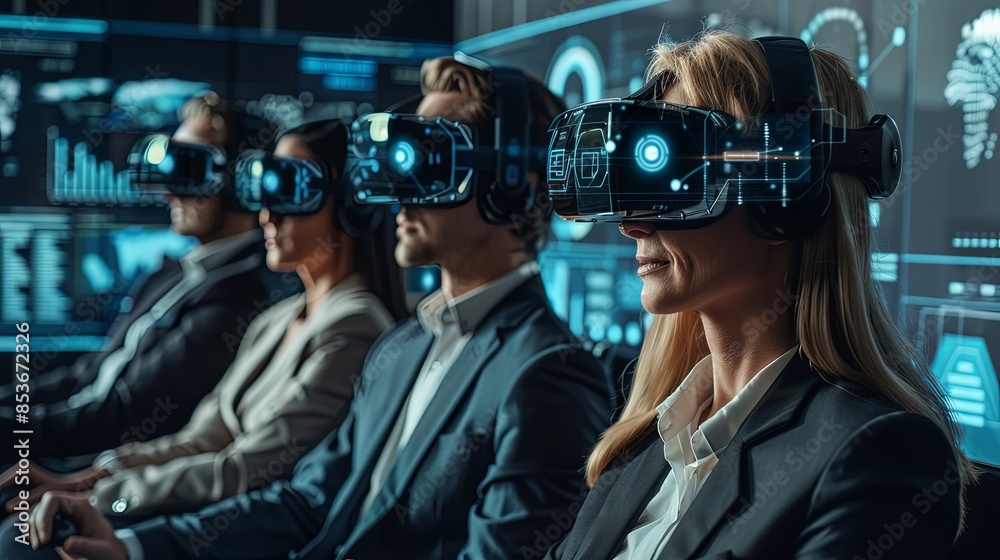 A group of business professionals using VR headsets in a modern office A group of business professionals using VR headsets in a modern office