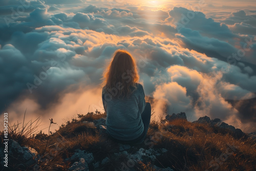 Young girl sits on top of a mountain and watches a magnificent sunset above the clouds