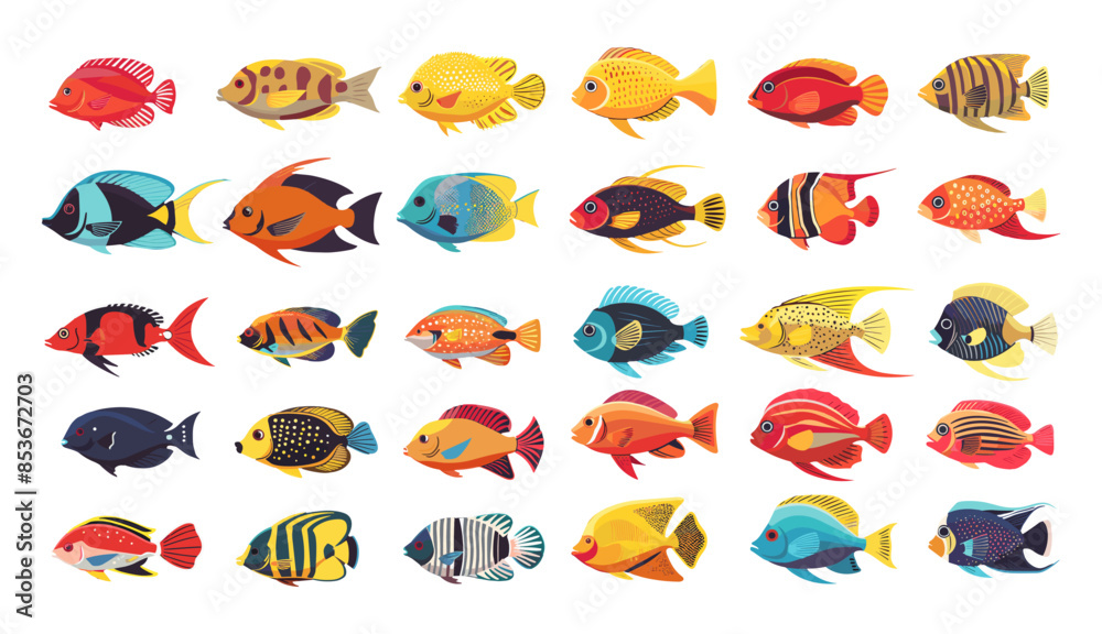 Ocean fish cartoon vector set. Cod perch herring tuna fins snorkeling coral sea animal creatures isolated on white background Ocean fish cartoon vector set. Cod perch herring tuna fins snorkeling coral sea animal creatures isolated on white background