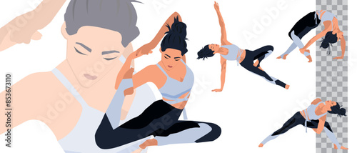 Set of slim athletic young woman doing yoga and fitness. Healthy lifestyle. Collection ,vector, png