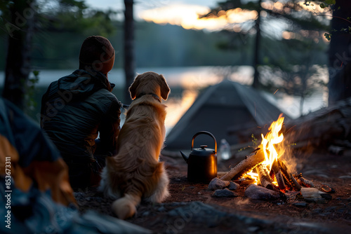 A person camping in the wilderness with their dog © PrimePixels