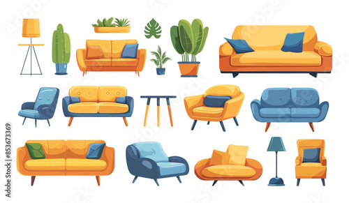 Room furniture cartoon vector set. Sofa pillows bedside table chair lampshade lamp pot houseplant living cozy hall interior accessories, illustration isolated on white background