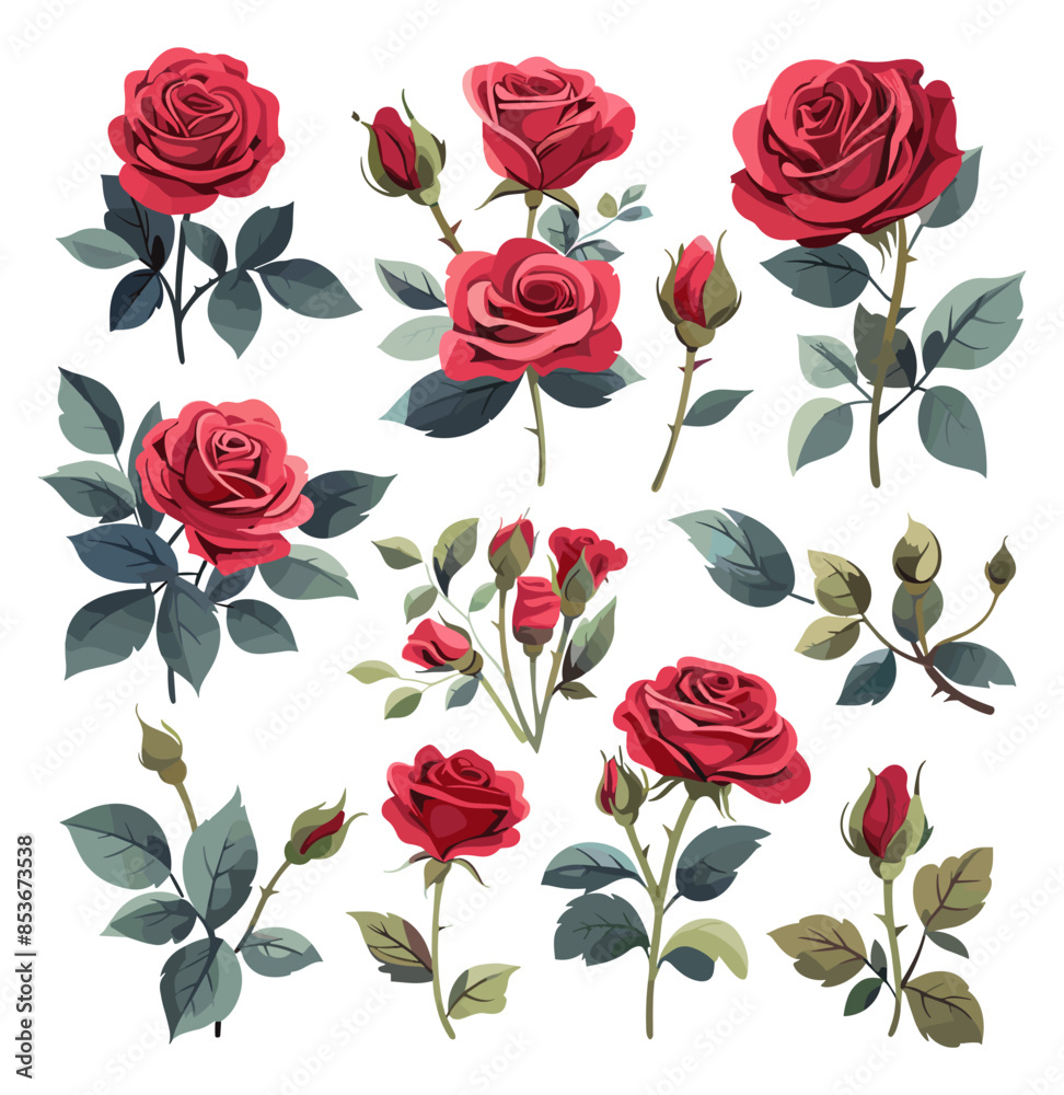 Roses cartoon vector set. Red flowers thorns buds petals leaves stems shoots romantic love bunches bushes isolated on white background Roses cartoon vector set. Red flowers thorns buds petals leaves stems shoots romantic love bunches bushes isolated on white background