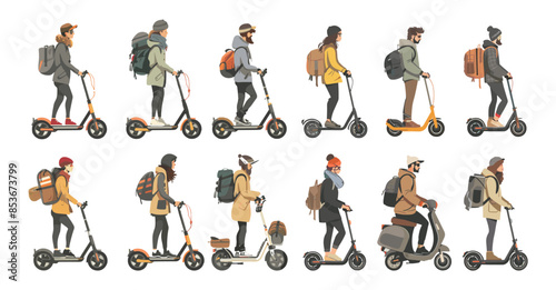 Scooter characters cartoon vector set. Helmets backpacks stand men women casual wear drive two wheel transport urban environmental people mobility vehicle illustration isolated on white background